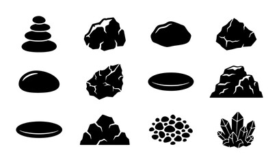 Collection of 12 Black Silhouette Stone Icons, Including Stacked Zen Rocks, Rough Rocks, and Crystals, Vector Graphics for Nature and Wellness Designs © Afrina