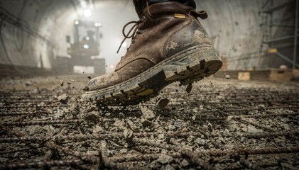 Fototapeta premium Medium closeup of a sturdy boot crunching gravel and rebar on a tunnel site emphasizing gritty realism with blurred concrete surfaces and indistinct machinery in the foggy
