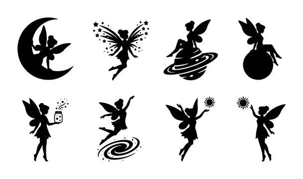 Magical Fairy Silhouettes Collection, Celestial Moon & Star Designs, Fantasy Creature Vector Icons, Enchanted Girl Graphics for Whimsical Art