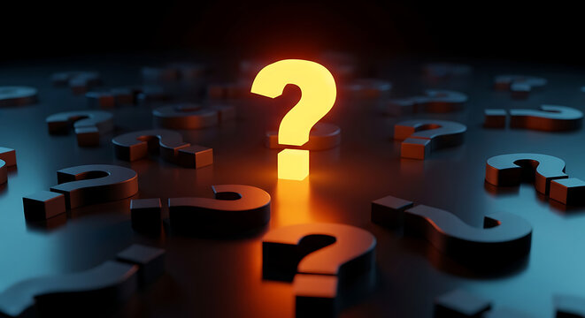 A glowing yellow question mark surrounded by dark metallic question marks on a reflective surface with question solution uncertainty business thinking strategy decision confusion challenge