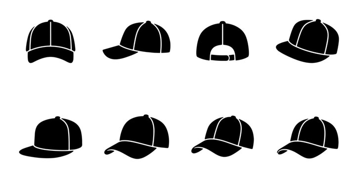 Baseball Cap Icons Set, Black Silhouette Headwear Collection, Multiple Angles and Views, Flat Design Vector Graphics for Apparel and Branding