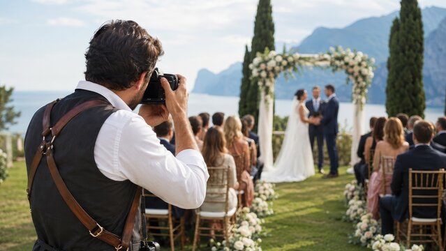 Outdoor seaside wedding ceremony with bride and groom under a floral arch as a photographer captures the moment