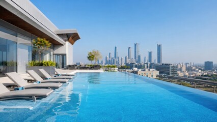 Obraz premium Rooftop infinity pool with lounge chairs overlooking a modern city skyline under a clear blue sky