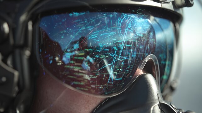 Military pilot in high-tech visor cockpit digital interface modern warfare close-up view futuristic technology