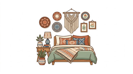 Obraz premium Bohemian bedroom decor with macrame wall hanging and plants.