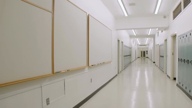 Dolly shot of an empty school hallway with lockers