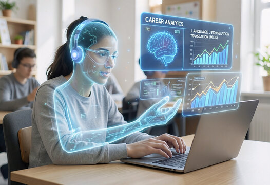 Student Utilizing Futuristic AI Career Analytics Interface for Personalized Learning.