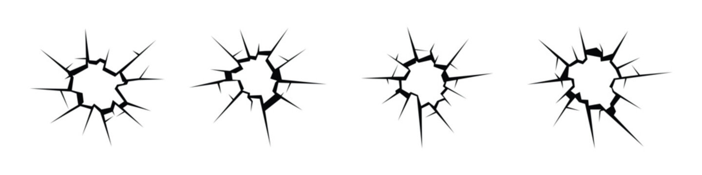 Broken glass cracks and bullet hole texture elements. Vector illustration of black shattered window fragments with radial smash lines representing screen damage template.
