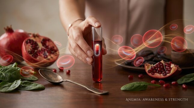 Iron deficiency anemia, a critical blood disorder, symbolized by a test tube with low iron levels, highlighting dietary sources for wellness, health awareness, and increased vitality