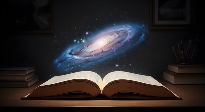 Open antique book with a swirling galaxy emerging from its pages