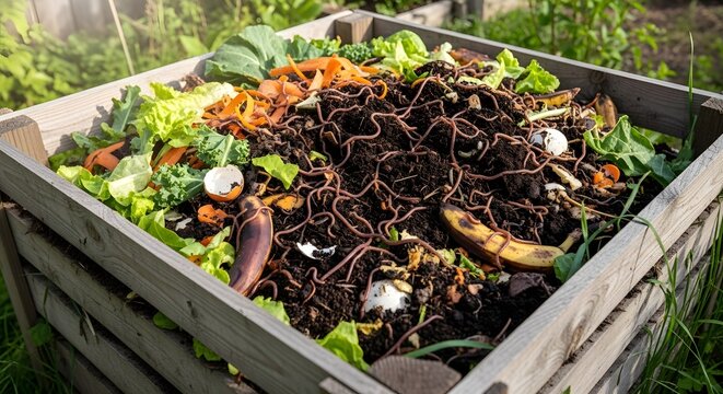 Worm composting bin with vegetable scraps and red wiggler worms in garden