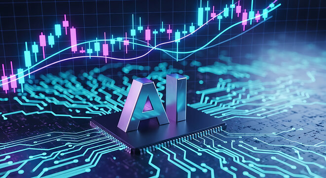 Artificial intelligence conceptual text letters on computer processor microchip with glowing digital stock market trading charts background technology microchip processor business investment