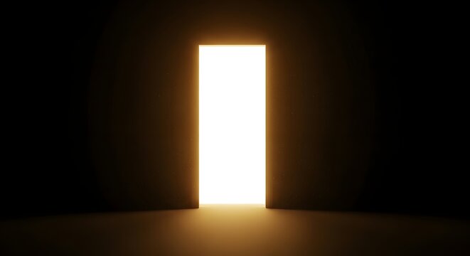A bright light shines through an open door in a dark room