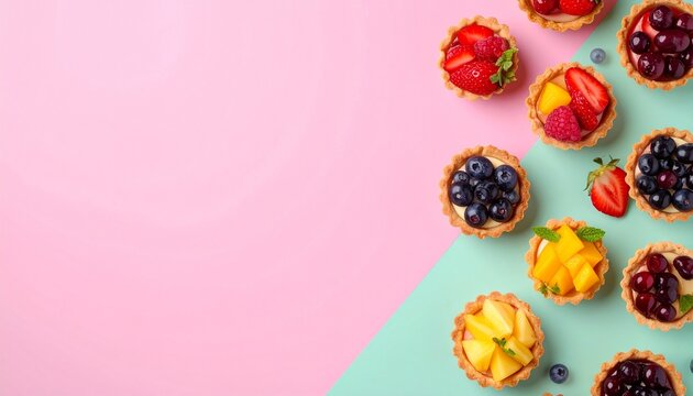 Mini fruit tarts arranged neatly on a pastel background with generous copy space, colorful bakery display, high detail
