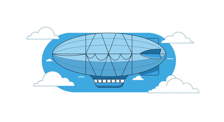 Blue Airship Zeppelin Flying Through Clouds Flat Design Illustration © Azrha