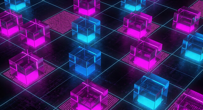 Abstract background of glowing glass cubes in neon pink and blue colors on a dark grid platform with abstract background geometric technology structure perspective visualization creative