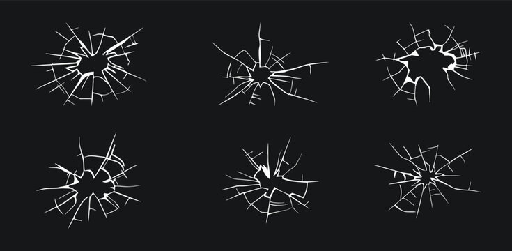 Broken glass crack burst collection with realistic impact fractures and shattered surface effects. Dramatic destruction elements for collision, damage and danger concepts. High quality vector set 