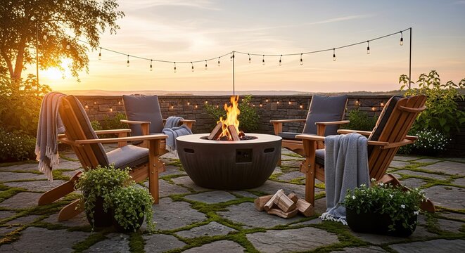 Cozy Patio Fire Pit with Adirondack Chairs at Sunset, Outdoor Living Space