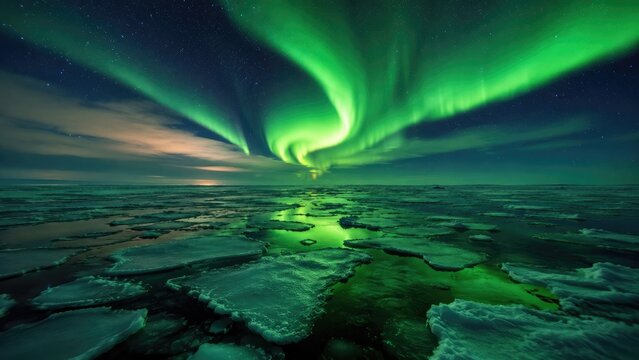Swirling green aurora borealis over an icy sea with floating ice floes reflecting vibrant night sky