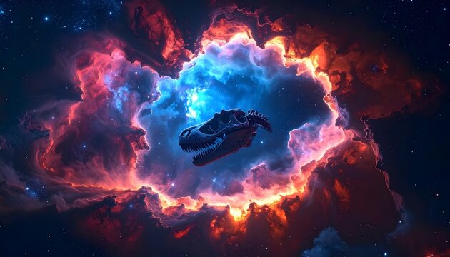 A massive Tyrannosaurus rex skull floats within a vibrant cosmic nebula. This stunning cinematic widescreen digital art depicts prehistoric remains drifting through colorful deep space clouds.