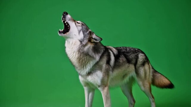A realistic gray wolf stands proudly and performs a dramatic howl with subtle body movement and detailed fur animation, isolated on green screen.