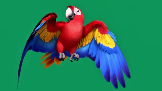 A colorful parrot lands and repeatedly flaps its wings while turning its head naturally, isolated on a green screen background.