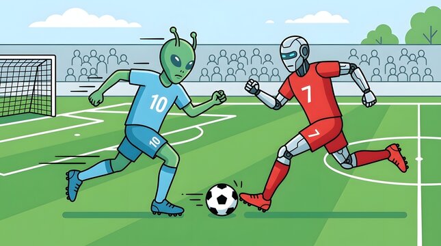 Futuristic illustration of an alien and a robot playing football on a soccer field in a stadium