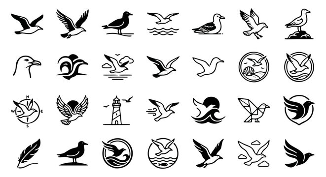 Minimalist seagull icon set, 28 black nautical bird silhouettes, coastal maritime logo elements, flying gull vector graphics for branding