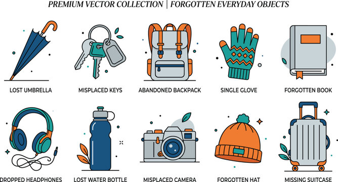 Forgotten Everyday Objects Vector Collection Featuring Lost Personal Items Travel Accessories and Daily Essentials