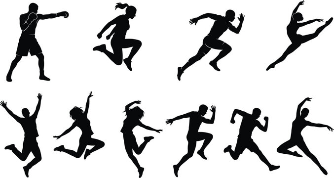 Athletic people silhouettes collection featuring men and women running jumping boxing and dancing on white background