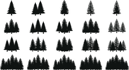 Pine tree silhouettes collection with coniferous forest elements and evergreen fir silhouettes isolated on white background © MDSAMEUL