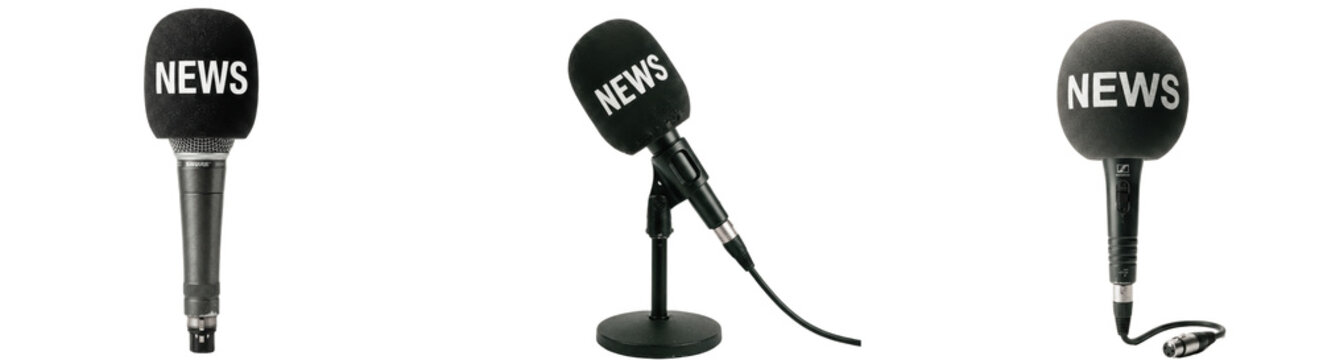 A Set of news microphone PNG icons with black foam covers labeled NEWS, handheld and desktop mics isolated on white for journalism, media, press conference design

