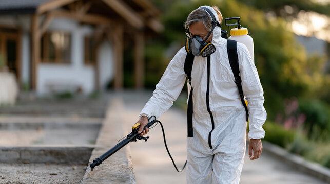 Pest control specialist in protective gear treating outdoor kennel perimeter for flea and tick infestation, industrial sprayer aimed at concrete run edges, veterinary clinic exterior visible in back