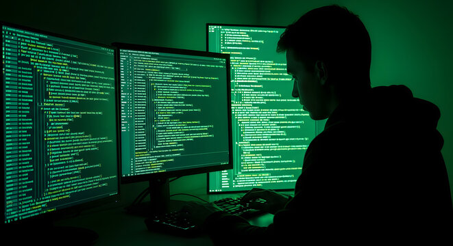 Software developer working on computer code late at night in dark office interior.