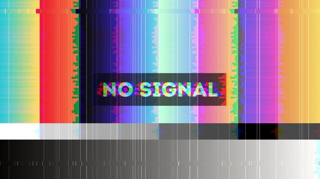 Distorted screen with vibrant color bars, static, and 'no signal' message, illustrating a technical broadcast error