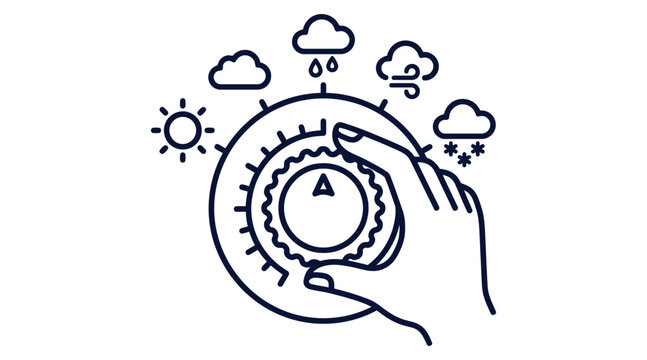 Hand turning dial knob surrounded by weather icons concept