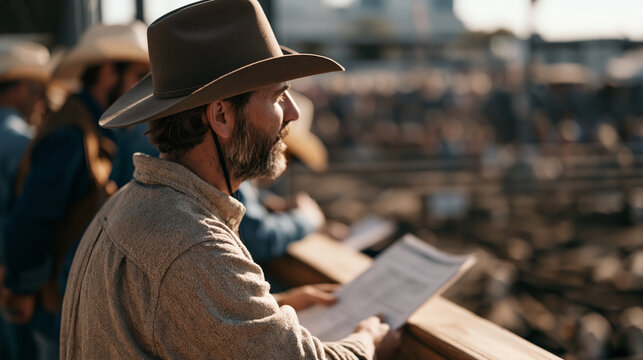 Livestock auctioneer calling bids over crowded cattle pen at rural agricultural fair, cattlemen leaning over railing examining animals below, sale catalog pages fluttering, dust rising under harsh m