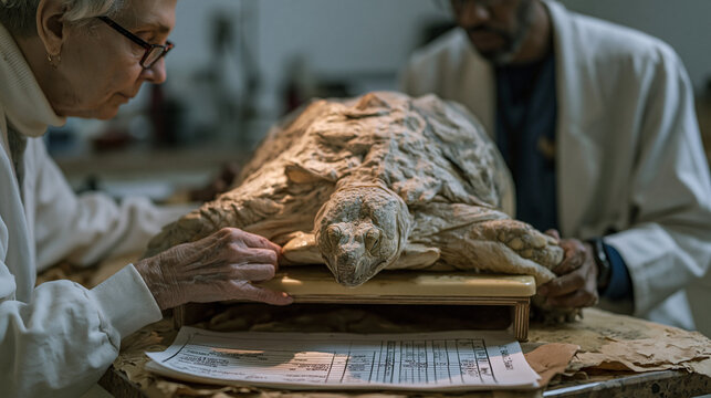 Exotics veterinarian performing nail trim on resistant sulcata tortoise secured on elevated examination platform, technician supporting shell position, reptile care chart and weight log spread acros