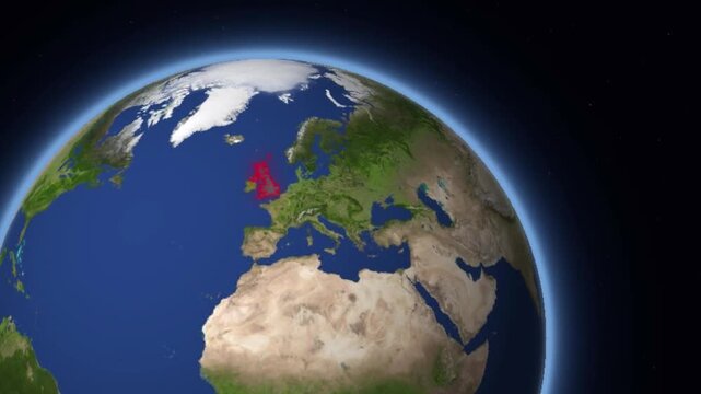 Animated globe zooming to highlight United Kingdom with national flag and country data infographic