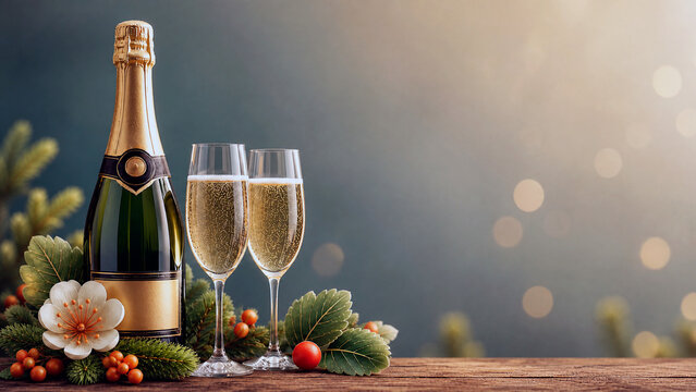 Champagne bottle and two filled flutes on a rustic wooden table. Festive celebration background with golden bokeh lights. Copy space for text