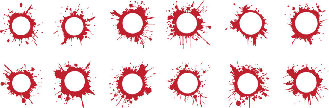 Red paint splatter frame collection with grunge ink splash circles and distressed stain effects. Creative abstract design elements for posters, branding and urban graphics. High quality vector set.