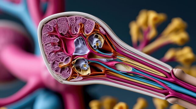 3D anatomical model of the human penis with a detailed cross-section highlighting internal structures for educational and medical reference purposes.