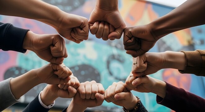 Diverse Group of People Showing Unity and Teamwork with a Fist Bump Circle.