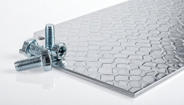 Polished zinc sheet with hexagonal pattern texture and steel bolts and nuts.