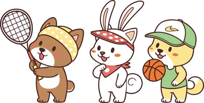 Cute cartoon puppy and bunny characters playing sports holding tennis racket and basketball vector illustration for kids athletic design assetCute cartoon puppy and bunny characters playing sports hol