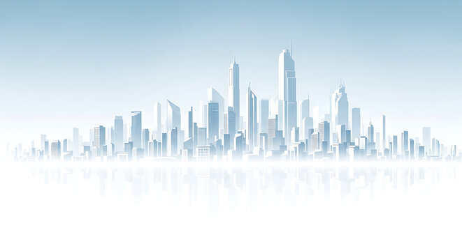 Abstract futuristic city skyline silhouette minimalist design in light blue and white tones with architecture building silhouette minimalist metropolis abstract background business landscape