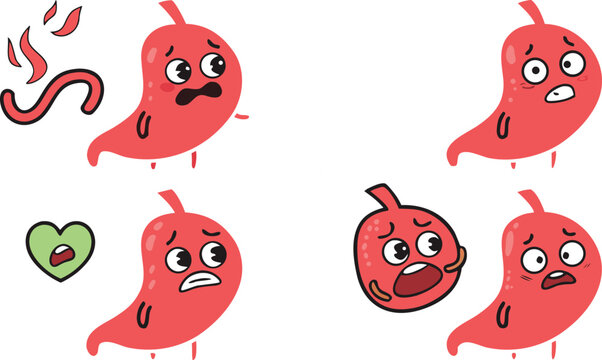 Cute cartoon stomach character emoji icon set representing digestive health issues pain nausea bloating and heartburn vector illustration assetCute cartoon stomach character emoji icon set representin