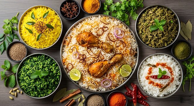 Overhead View of Indian Chicken Biryani and Assorted Rice Bowls on Wood