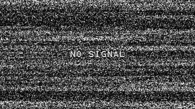 No signal text on tv screen broadcast with noise and grain effect. Noise overlay texture 