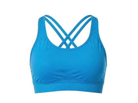 Blue sports bra with racerback design and supportive fit for active women